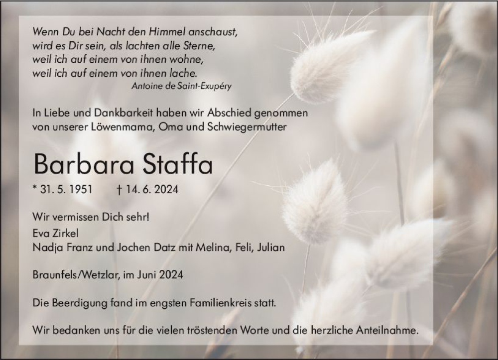  Traueranzeige für Barbara Staffa vom 21.06.2024 aus Wetzlarer Neue Zeitung