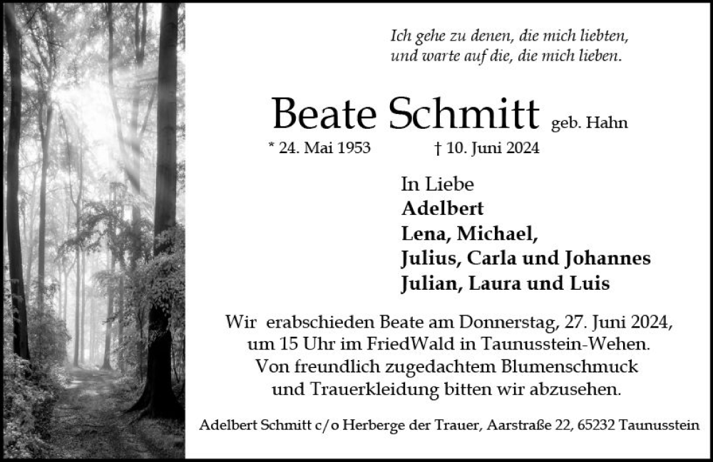  Traueranzeige für Beate Schmitt vom 22.06.2024 aus Wiesbadener Kurier