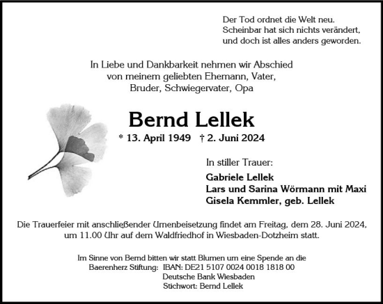 Traueranzeige von Bernd Lellek von Wiesbadener Kurier