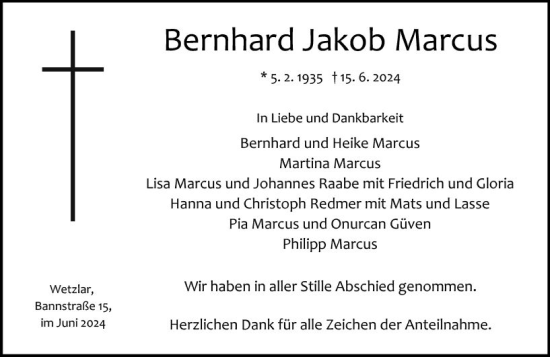 Traueranzeige von Bernhard Jakob Marcus von Wetzlarer Neue Zeitung