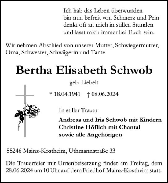 Traueranzeige von Bertha Elisabeth Schwob von Allgemeine Zeitung Mainz