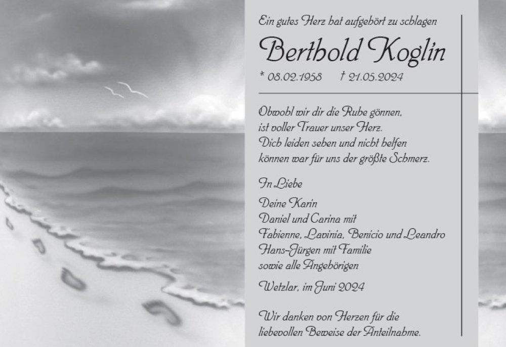  Traueranzeige für Berthold Koglin vom 11.06.2024 aus Wetzlarer Neue Zeitung