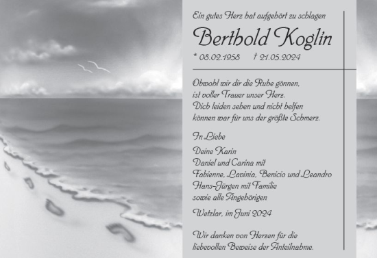 Traueranzeige von Berthold Koglin von Wetzlarer Neue Zeitung