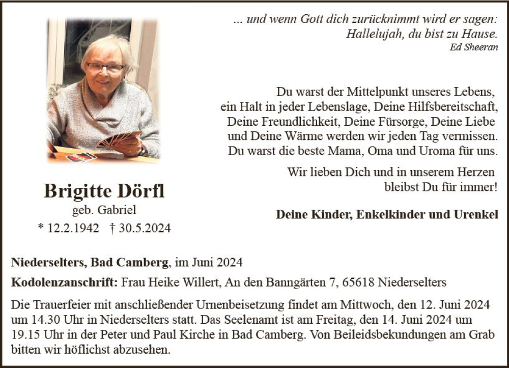  Traueranzeige für Brigitte Dörfl vom 06.06.2024 aus Camberger Anzeiger