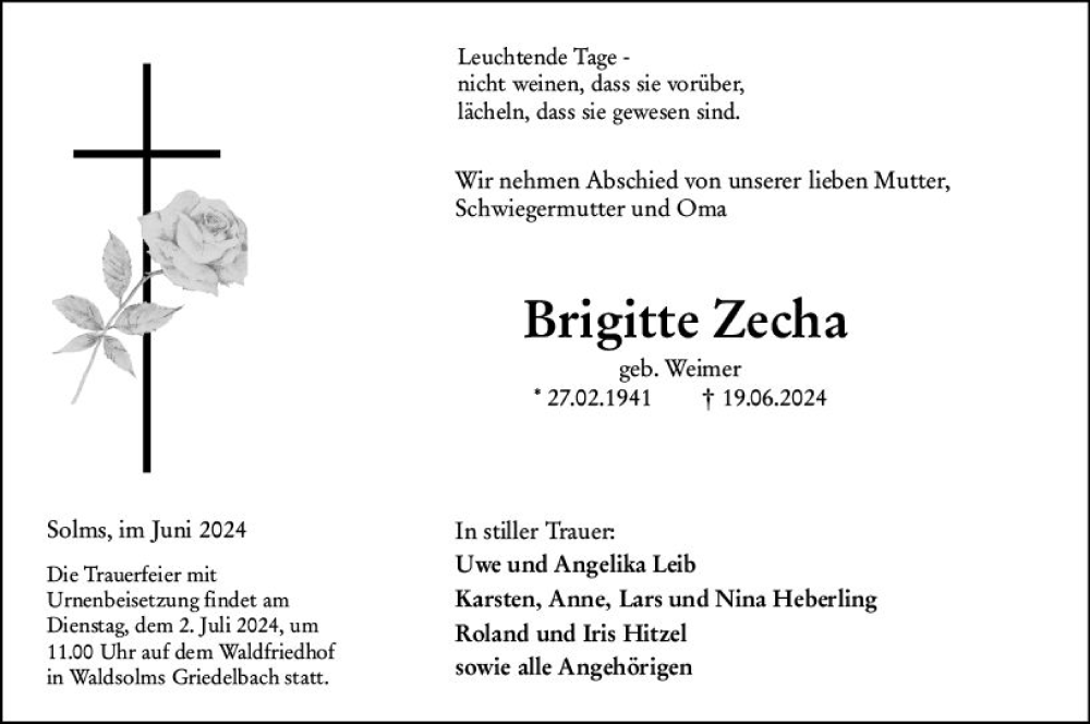  Traueranzeige für Brigitte Zecha vom 28.06.2024 aus Wetzlarer Neue Zeitung