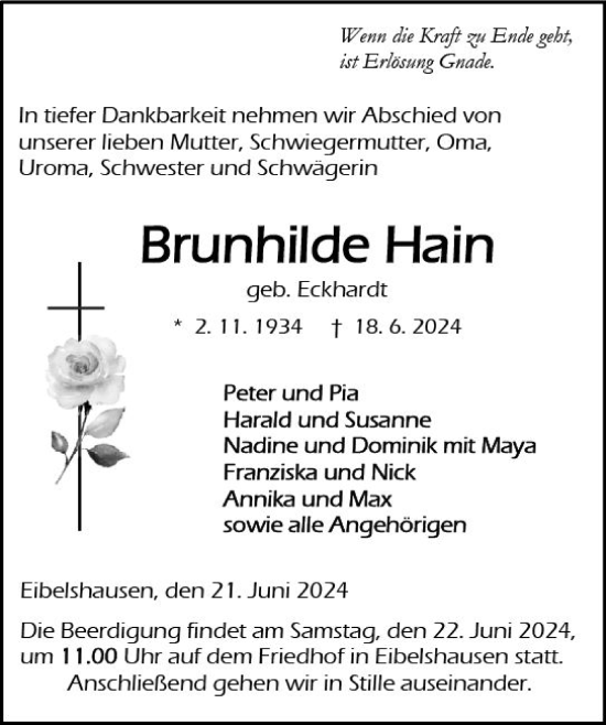 Traueranzeige von Brunhilde Hain von Dill Block