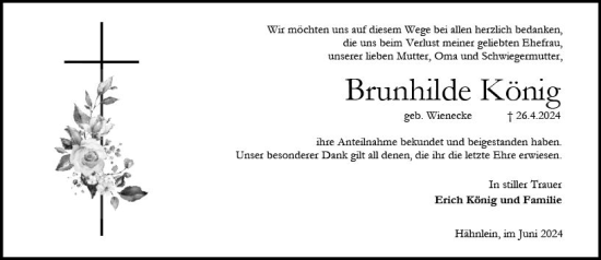 Traueranzeige von Brunhilde König von Darmstädter Echo