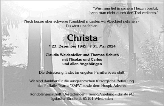Traueranzeige von Christa  von Wiesbadener Kurier