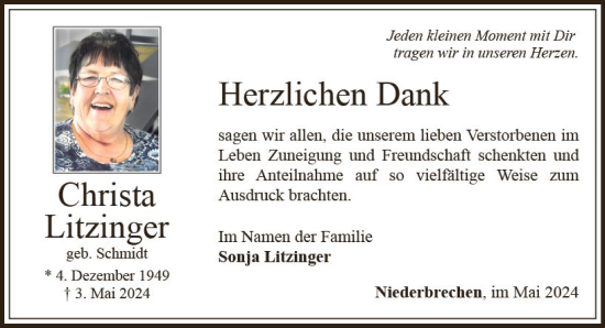 Traueranzeige von Christa Litzinger von Camberger Anzeiger