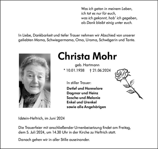 Traueranzeige von Christa Mohr von Idsteiner Land/Untertaunus