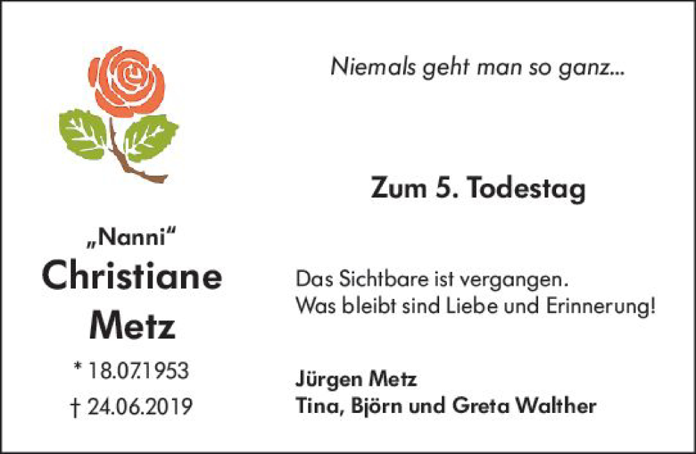  Traueranzeige für Christiane Metz vom 29.06.2024 aus Nassauische Neue Presse