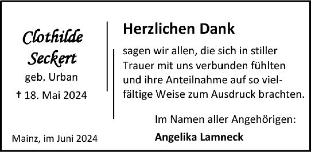  Traueranzeige für Clothilde Seckert vom 22.06.2024 aus Allgemeine Zeitung Mainz