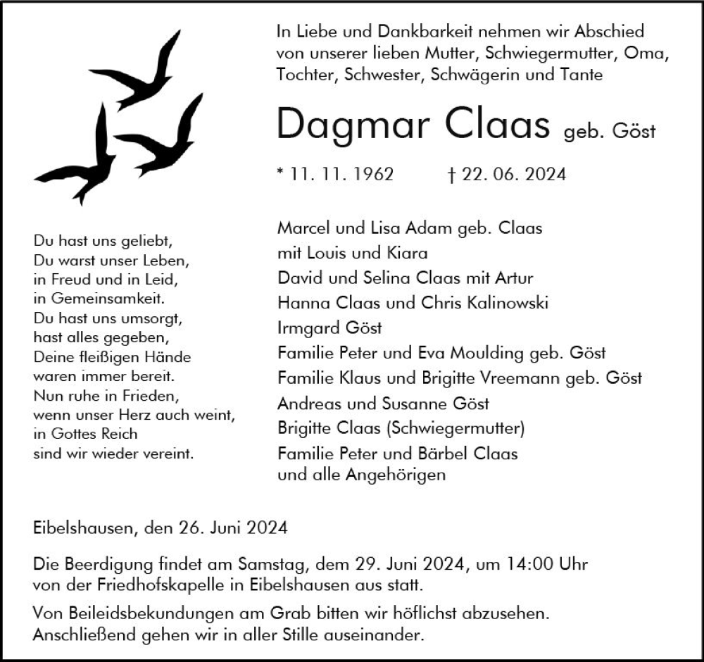  Traueranzeige für Dagmar Claas vom 26.06.2024 aus Dill Block