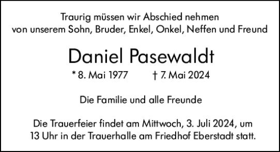 Traueranzeige von Daniel Pasewaldt von Darmstädter Echo