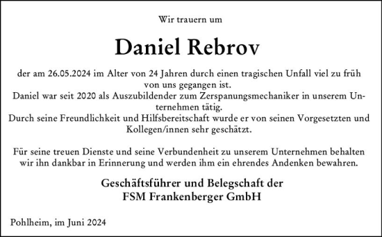 Traueranzeige von Daniel Rebrov von Wetzlarer Neue Zeitung