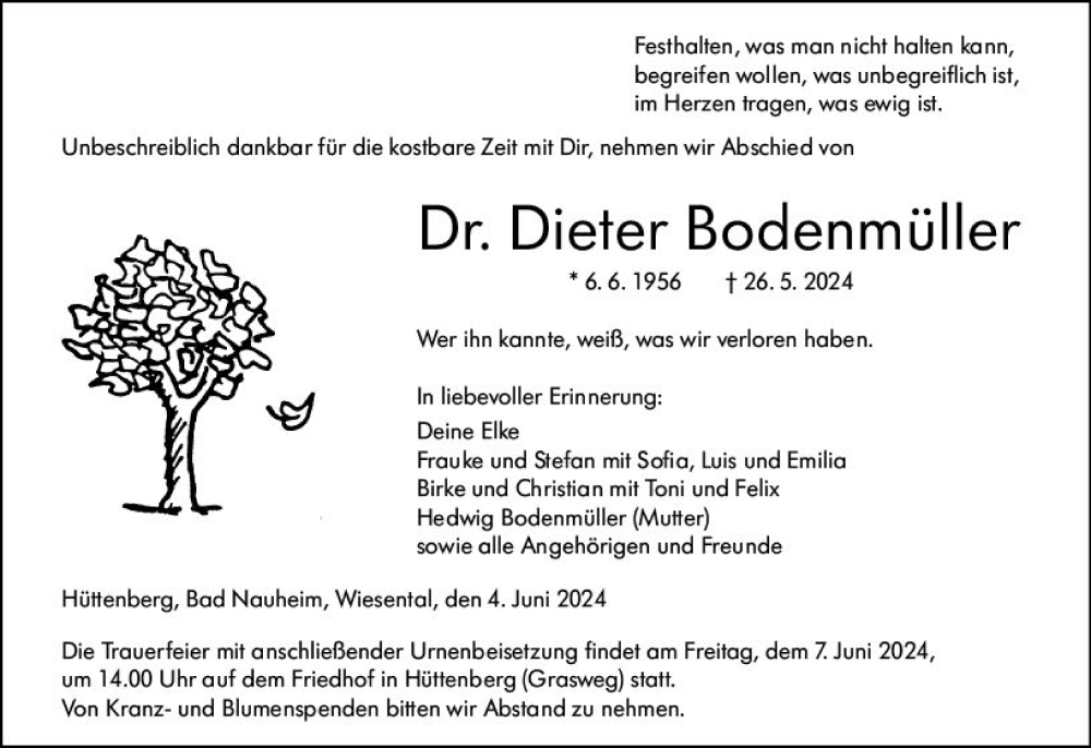  Traueranzeige für Dieter Bodenmüller vom 04.06.2024 aus Wetzlarer Neue Zeitung
