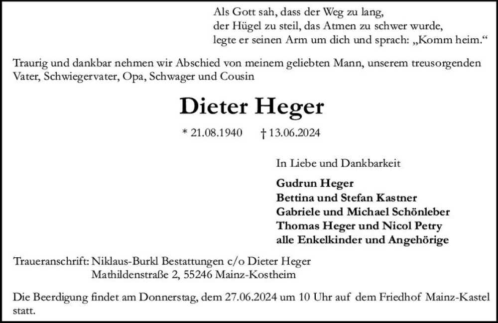  Traueranzeige für Dieter Heger vom 22.06.2024 aus Allgemeine Zeitung Mainz