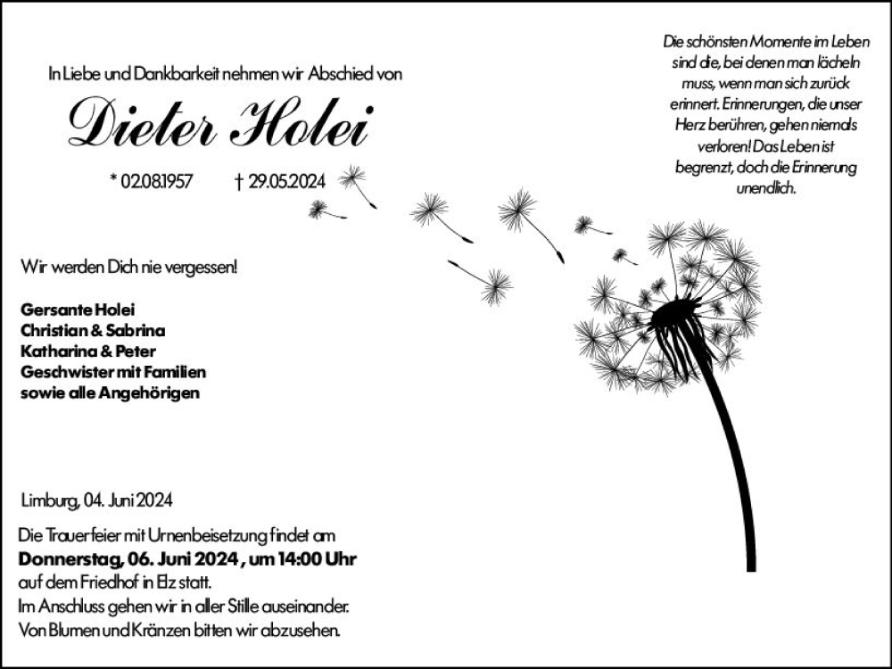  Traueranzeige für Dieter Holei vom 04.06.2024 aus Nassauische Neue Presse