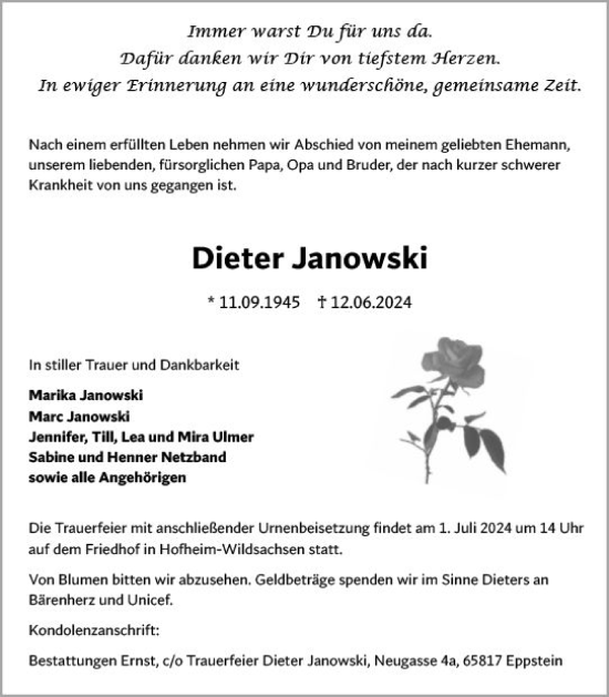 Traueranzeige von Dieter Janowski von Wiesbadener Kurier