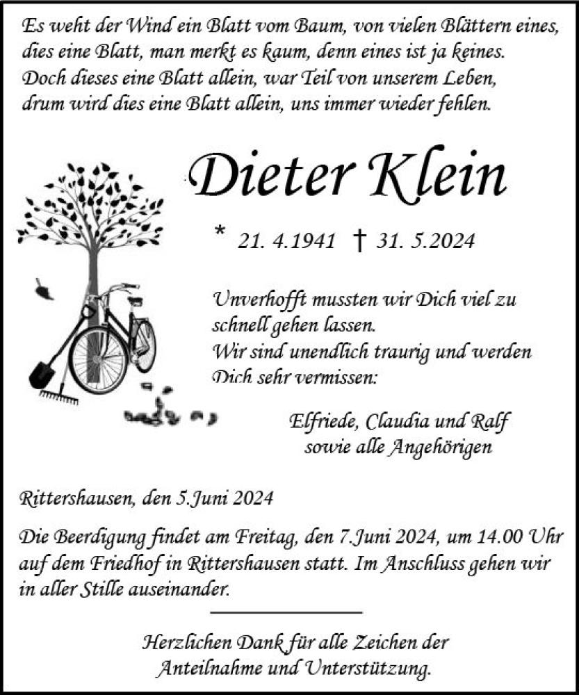  Traueranzeige für Dieter Klein vom 05.06.2024 aus Dill Block