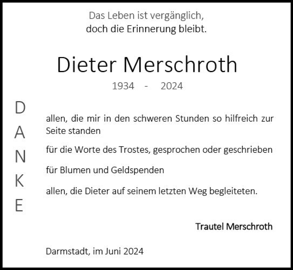  Traueranzeige für Dieter Merschroth vom 08.06.2024 aus Darmstädter Echo