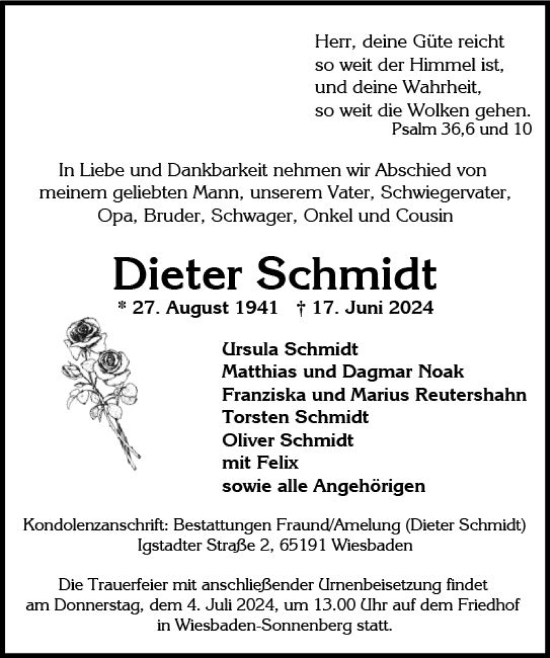 Traueranzeige von Dieter Schmidt von Wiesbadener Kurier