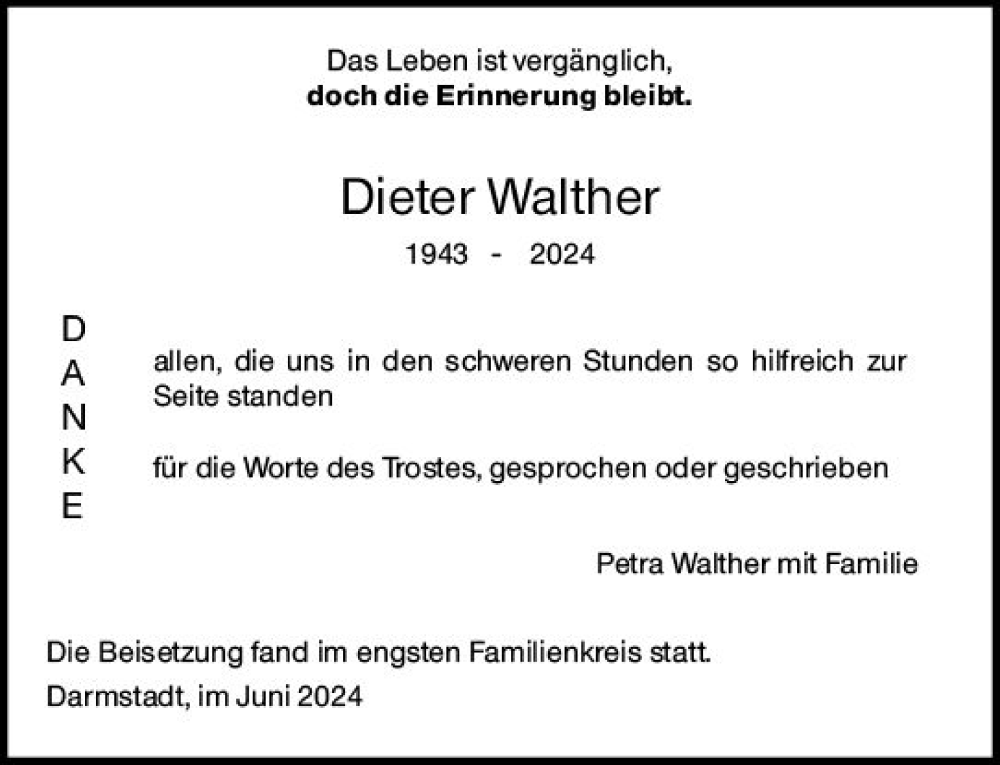  Traueranzeige für Dieter Walther vom 15.06.2024 aus Darmstädter Echo