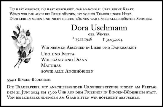 Traueranzeige von Dora Uschmann von Binger-/Ingelheimer Wochenblatt