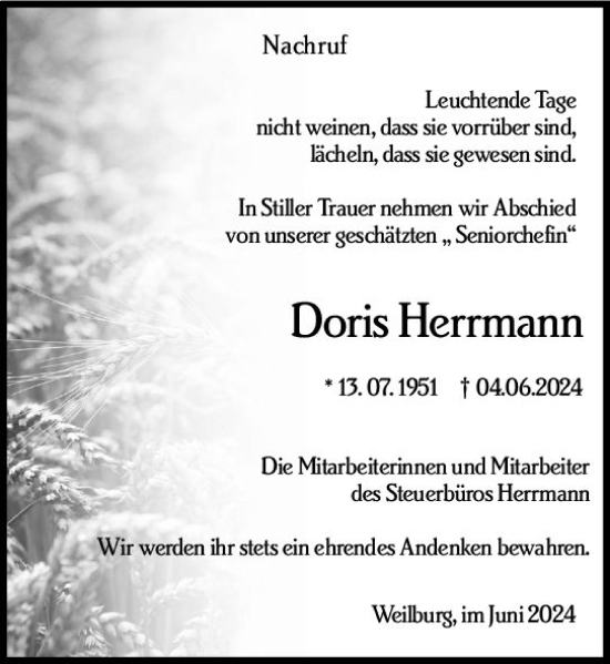 Traueranzeige von Doris Herrmann von Weilburger Tageblatt