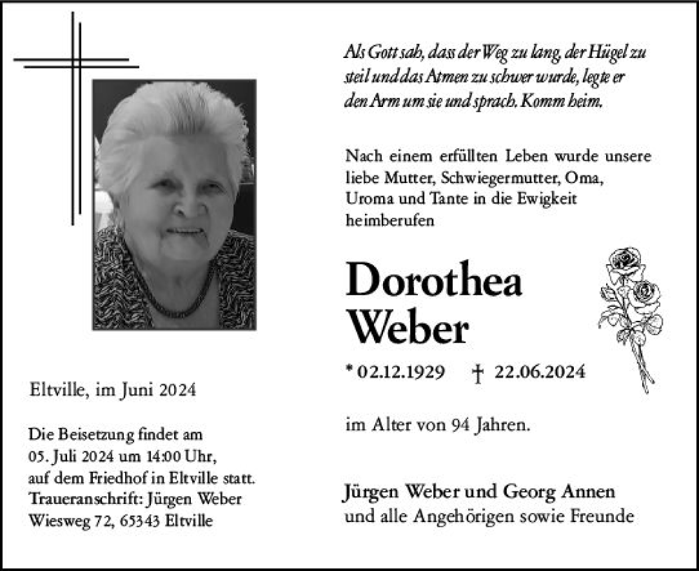  Traueranzeige für Dorothea Weber vom 29.06.2024 aus Wiesbadener Kurier