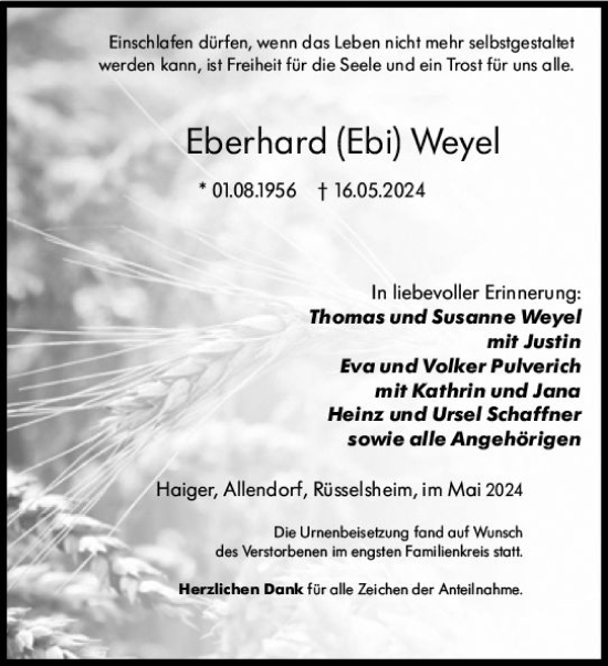Traueranzeige von Eberhard Weyel von Dill Block