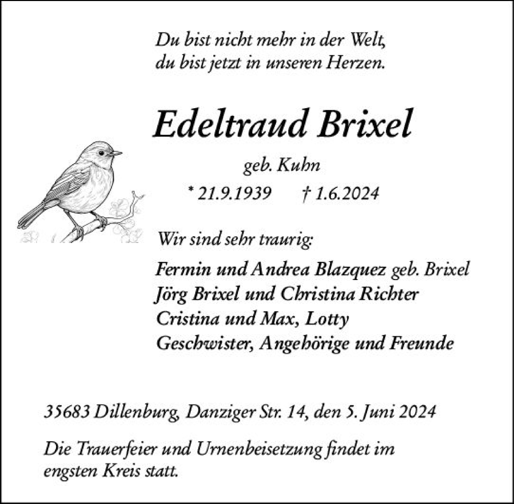  Traueranzeige für Edeltraud Brixel vom 05.06.2024 aus Dill Block