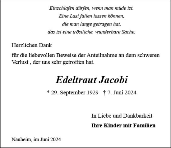 Traueranzeige von Edeltraut Jacobi von Groß-Gerauer Echo