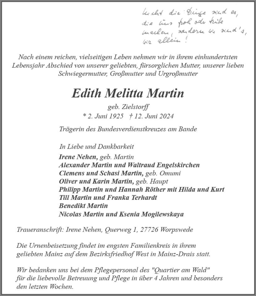  Traueranzeige für Edith Melitta Martin vom 22.06.2024 aus Allgemeine Zeitung Mainz