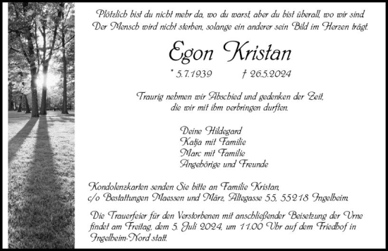 Traueranzeige von Egon Kristan von Allgemeine Zeitung Bingen/Ingelheim