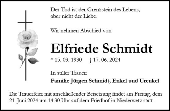 Traueranzeige von Elfriede Schmidt von Wetzlarer Neue Zeitung