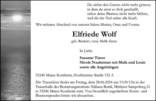 Traueranzeige von Elfriede Wolf von Allgemeine Zeitung Mainz