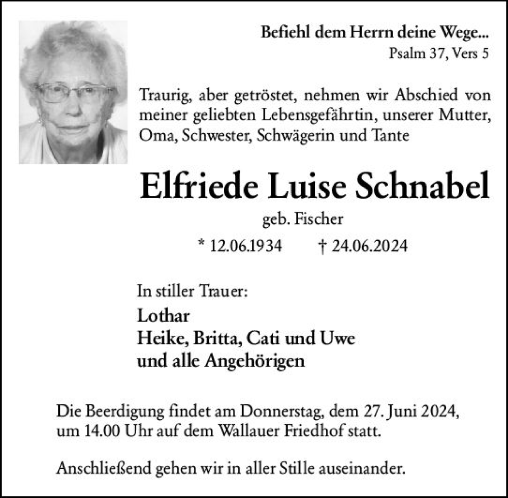  Traueranzeige für Elfriede Luise Schnabel vom 26.06.2024 aus Hinterländer Anzeiger