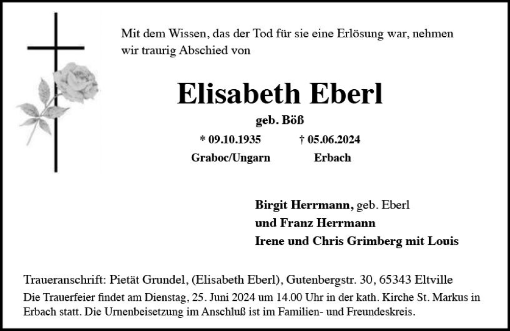  Traueranzeige für Elisabeth Eberl vom 15.06.2024 aus Rheingau Kurier