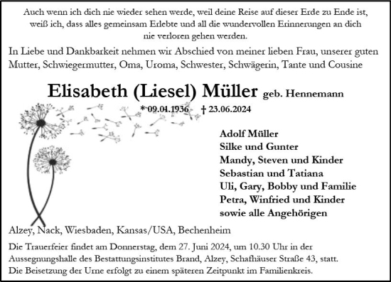 Traueranzeige von Elisabeth Müller von Allgemeine Zeitung Alzey
