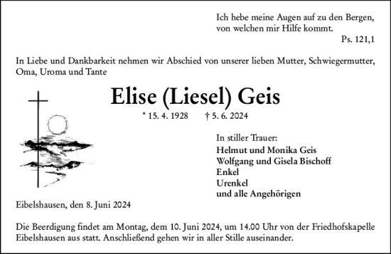 Traueranzeige von Elise Geis von Dill Block