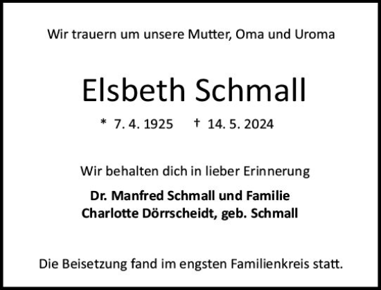 Traueranzeige von Elsbeth Schmall von Darmstädter Echo