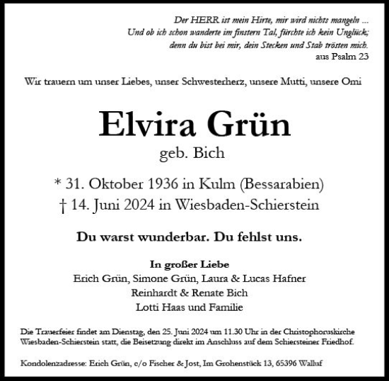 Traueranzeige von Elvira Grün von Wiesbadener Kurier