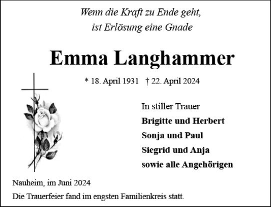 Traueranzeige von Emma Langhammer von Groß-Gerauer Echo