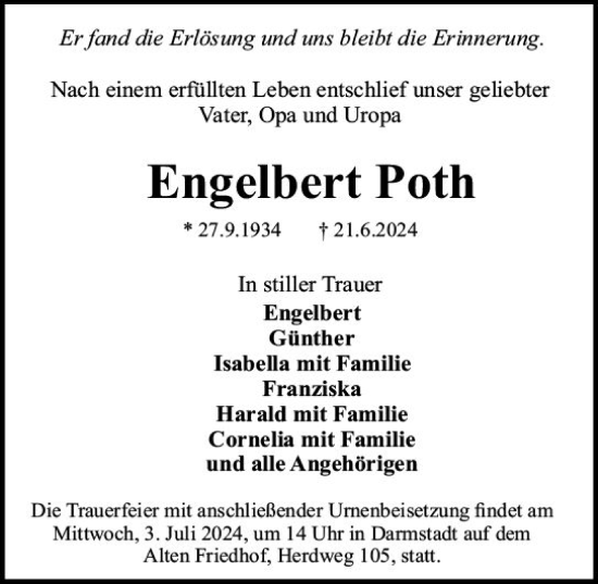 Traueranzeige von Engelbert Poth von Darmstädter Echo