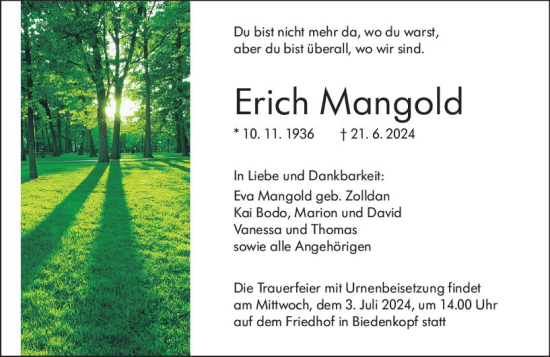 Traueranzeige von Erich Mangold von Hinterländer Anzeiger