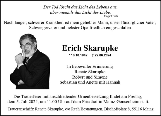 Traueranzeige von Erich Skarupke von Allgemeine Zeitung Mainz