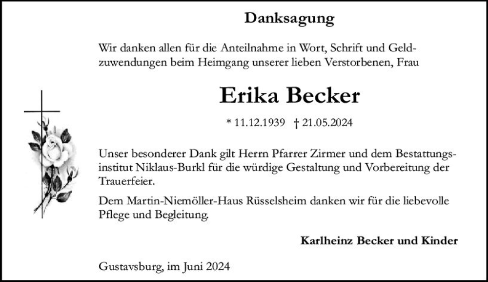  Traueranzeige für Erika Becker vom 15.06.2024 aus Allgemeine Zeitung Mainz
