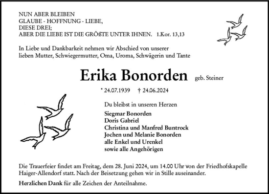Traueranzeige von Erika Bonorden von Dill Block