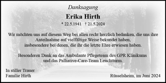 Traueranzeige von Erika Hirth von Rüsselsheimer Echo
